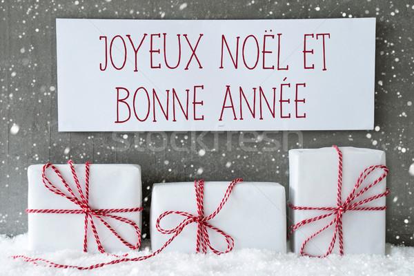 White Gift With Snowflakes, Bonne Annee Means New Year Stock photo © Nelosa