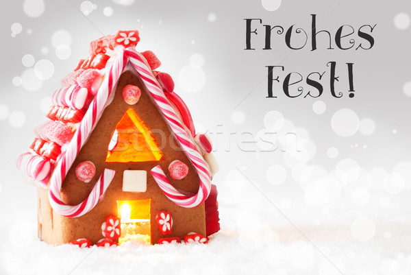 Gingerbread House, Silver Background, Frohes Fest Means Merry Christmas Stock photo © Nelosa