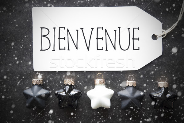 Black Christmas Balls, Snowflakes, Bienvenue Means Welcome Stock photo © Nelosa