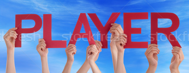 Hands Holding Red Straight Word Player Blue Sky Stock photo © Nelosa