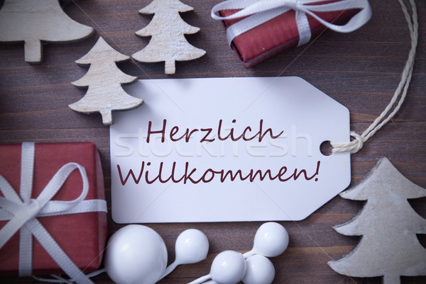 Christmas Label Gift Tree Herzlich Willkommen Means Welcome Stock photo © Nelosa