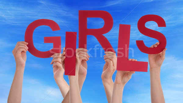 Many People Hands Holding Red Word Girls Blue Sky Stock photo © Nelosa