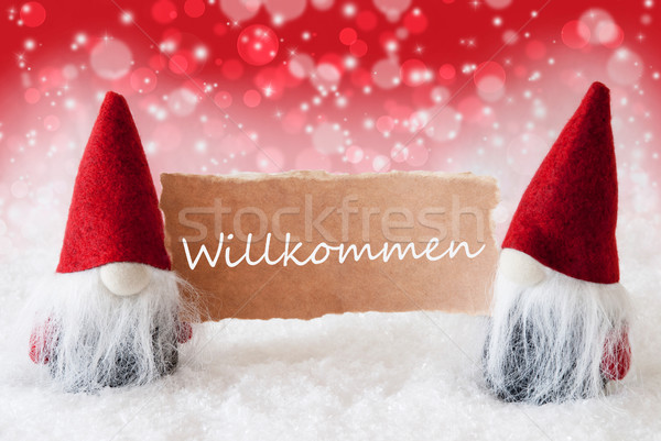 Red Christmassy Gnomes With Card, Willkommen Means Welcome Stock photo © Nelosa