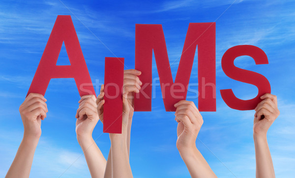 Many People Hands Holding Red Word Aims Blue Sky Stock photo © Nelosa
