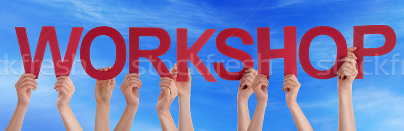 Hands Holding Red Straight Word Workshop Blue Sky Stock photo © Nelosa
