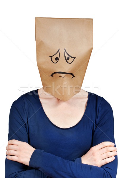 Szomorú személy néz papírzacskó fej izolált Stock fotó © Nelosa