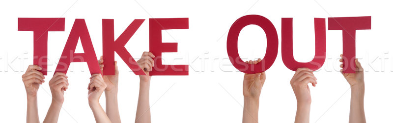 People Hands Holding Red Straight Word Take Out  Stock photo © Nelosa