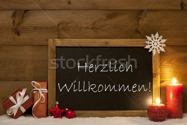 Festive Christmas Card, Blackboard, Snow,Willkommen Mean Welcome Stock photo © Nelosa