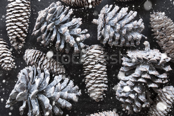 Fir Cone Texture As Christmas Decoration, Flat Lay And Snowflakes Stock photo © Nelosa
