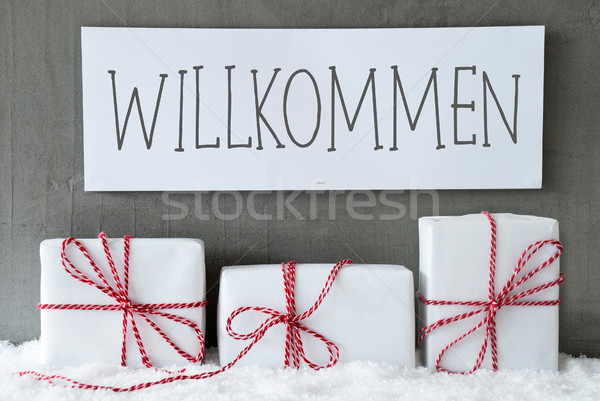 White Gift On Snow, Willkommen Means Welcome Stock photo © Nelosa