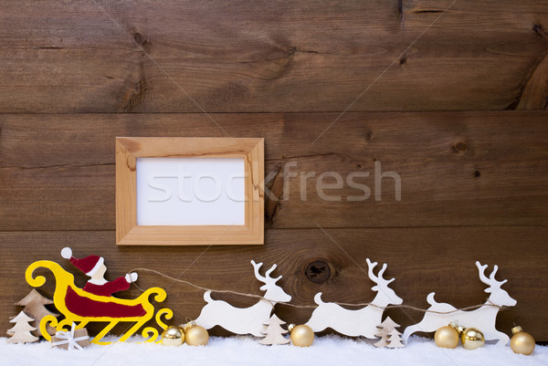 Santa Claus Sled, Reindeer, Snow, Copy Space, Golden Ball, Frame Stock photo © Nelosa