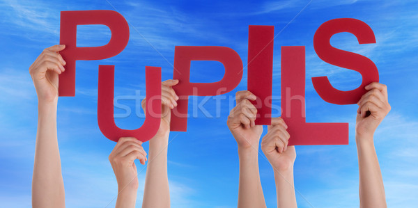 Many People Hands Holding Red Word Pupils Blue Sky Stock photo © Nelosa