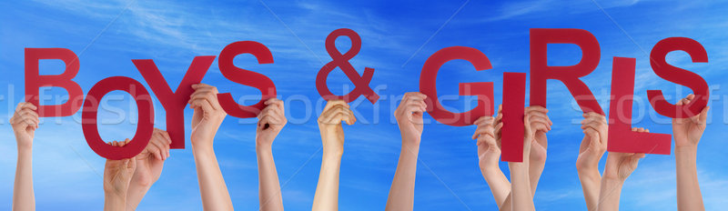  People Hands Holding Red Word Boys Girls Blue Sky Stock photo © Nelosa
