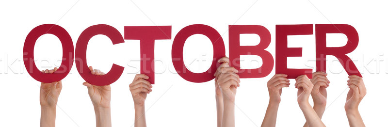 Many People Hands Holding Red Straight Word October Stock photo © Nelosa