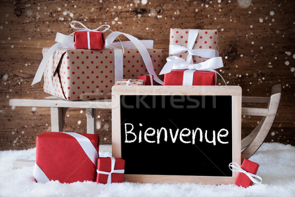 Sleigh With Gifts, Snow, Snowflakes, Bienvenue Means Welcome Stock photo © Nelosa