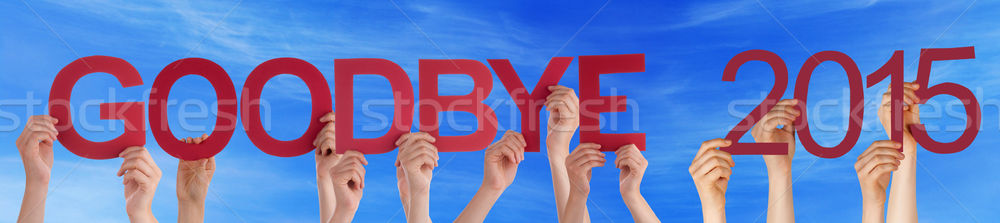  People Hands Holding Red Straight Word Goodbye 2015 Blue Sky Stock photo © Nelosa