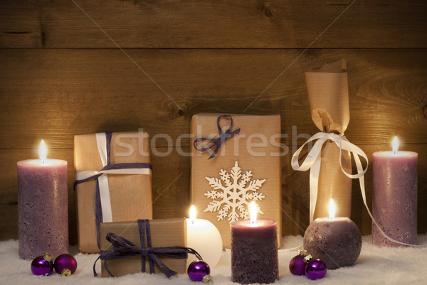 Retro Purple Christmas Gifts With Candles And Balls, Snow Stock photo © Nelosa