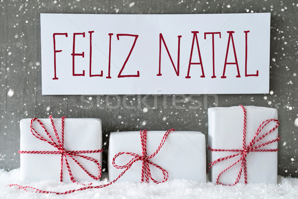White Gift With Snowflakes, Feliz Natal Means Merry Christmas Stock photo © Nelosa