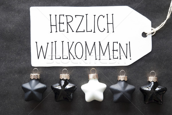 Black Christmas Tree Balls, Herzlich Willkommen Means Welcome Stock photo © Nelosa