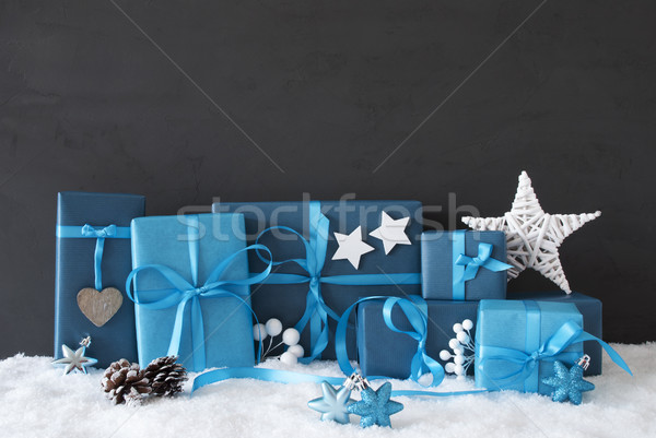 Blue Gifts With Christmas Decoration, Black Cement Wall, Snow Stock photo © Nelosa