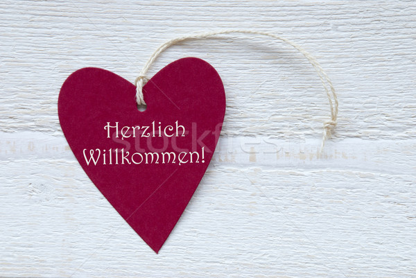Red Heart Label With German Text Herzlich Willkommen Means Welco Stock photo © Nelosa