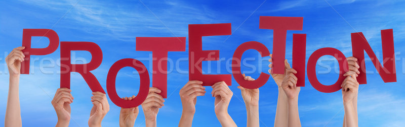 Many People Hands Holding Red Word Protection Blue Sky Stock photo © Nelosa
