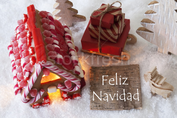 Gingerbread House, Sled, Snow, Feliz Navidad Means Merry Christmas Stock photo © Nelosa