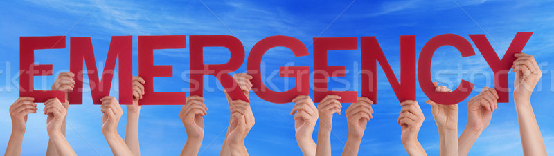 Many People Hands Holding Red Straight Word Emergency Blue Sky Stock photo © Nelosa