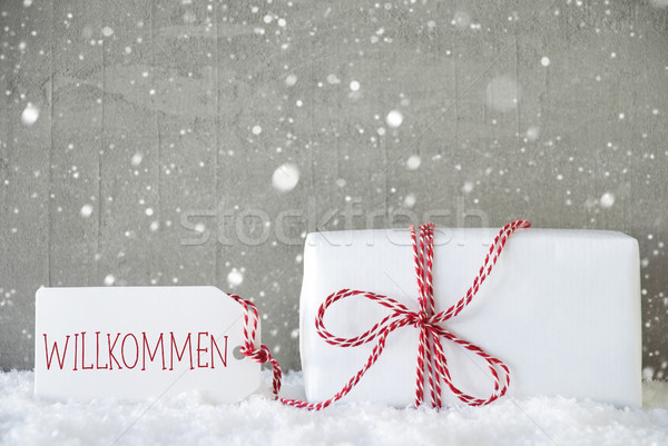 Gift, Cement Background With Snowflakes, Willkommen Means Welcom Stock photo © Nelosa