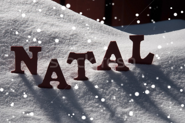 Card With Snow And Word Natal Mean Christmas, Snowflakes Stock photo © Nelosa