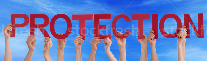 Many People Hands Holding Red Straight Word Protection Blue Sky Stock photo © Nelosa