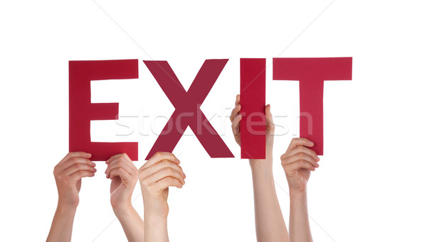 Many People Hands Holding Red Straight Word Exit  Stock photo © Nelosa