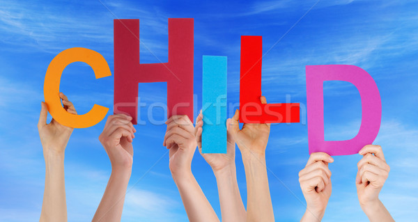 Many People Hands Holding Colorful Word Child Blue Sky Stock photo © Nelosa