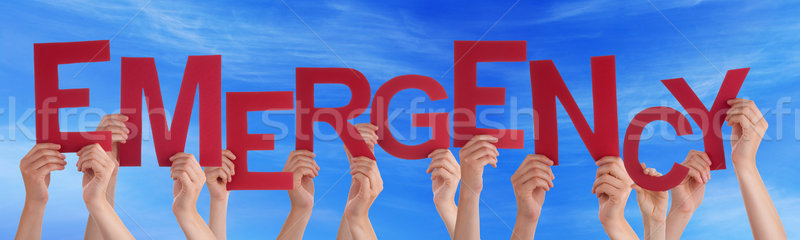 Many People Hands Holding Red Word Emergency Blue Sky Stock photo © Nelosa