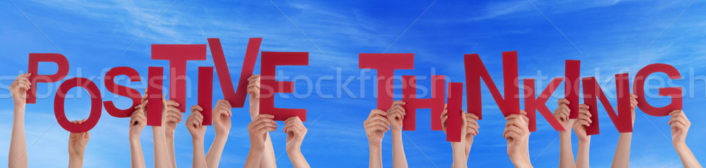 Stock photo: People Hands Holding Red Word Positive Thinking Blue Sky