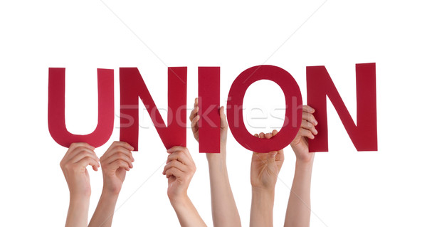 Many People Hands Holding Red Straight Word Union  Stock photo © Nelosa