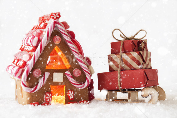 Stock photo: Gingerbread House, White Background And Snowflakes, Sled With Gifts