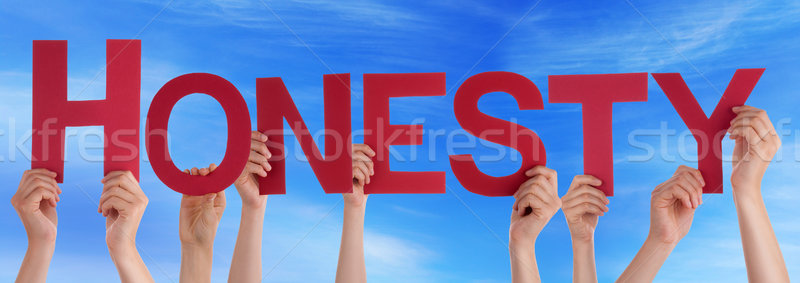 Stock photo: Many People Hands Holding Red Straight Word Honesty Blue Sky