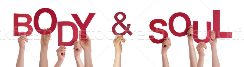 Emberek kezek tart piros szó test Stock fotó © Nelosa
