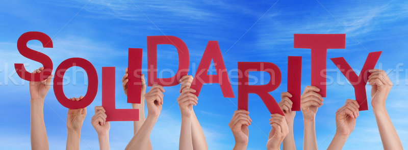 Many People Hands Holding Red Word Solidarity Blue Sky Stock photo © Nelosa
