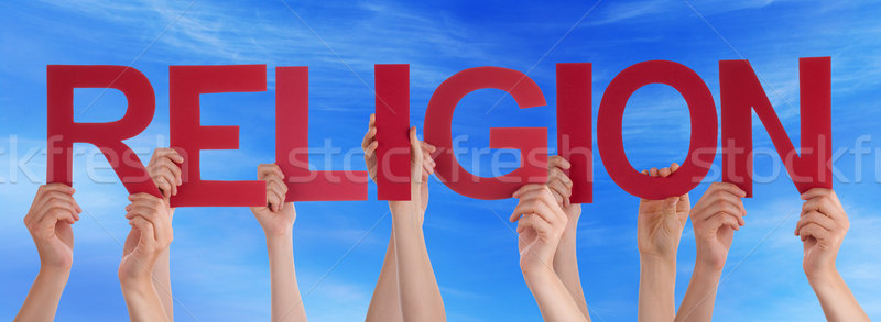 Many People Hands Holding Red Straight Word Religion Blue Sky Stock photo © Nelosa