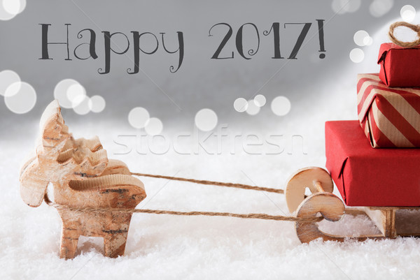 Stock photo: Reindeer With Sled, Silver Background, Text Happy 2017