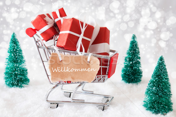 Trolly With Christmas Gifts And Snow, Willkommen Means Welcome Stock photo © Nelosa