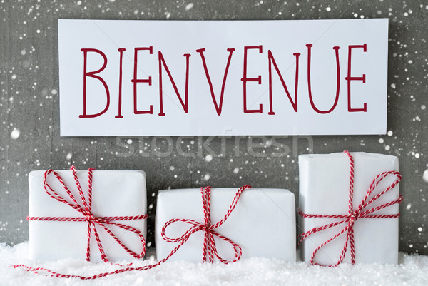 White Gift With Snowflakes, Bienvenue Means Welcome Stock photo © Nelosa