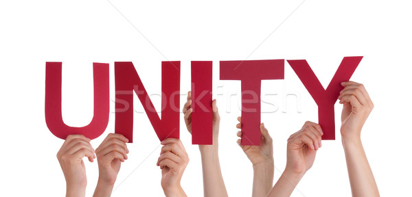 Many People Hands Holding Red Straight Word Unity  Stock photo © Nelosa