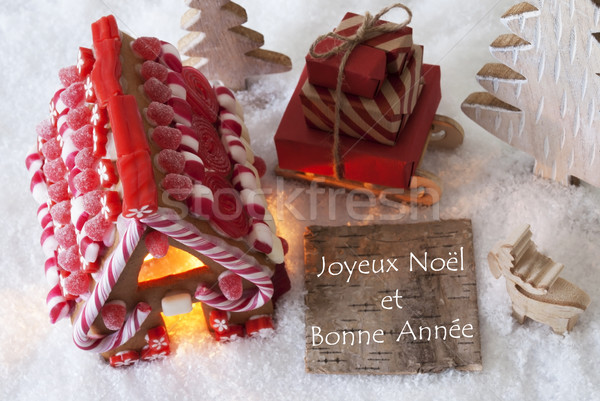 Gingerbread House, Sled, Snow, Bonne Annee Means Happy New Year Stock photo © Nelosa