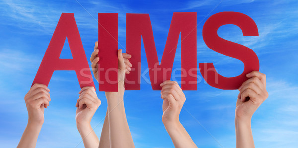 Hands Holding Red Straight Word Aims Blue Sky Stock photo © Nelosa