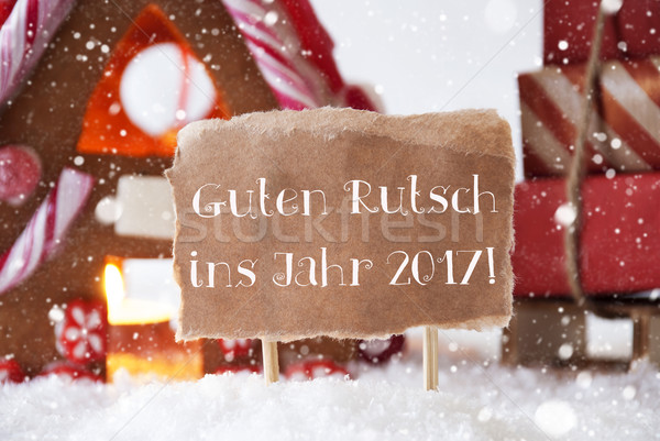 Gingerbread House, Sled, Snowflakes, Guten Rutsch 2017 Means New Year Stock photo © Nelosa