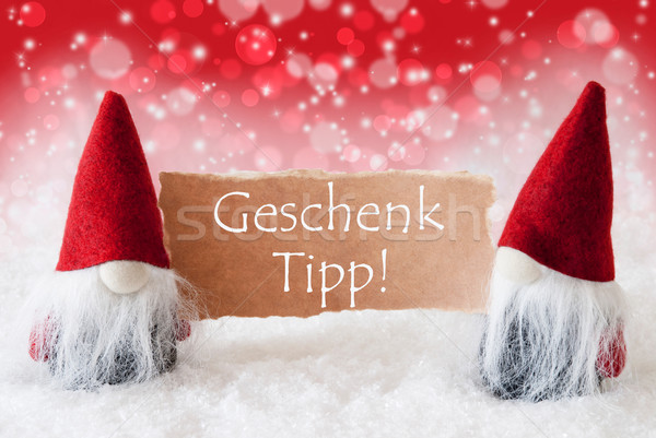 Red Christmassy Gnomes With Card, Geschenk Tipp Means Gift Tip Stock photo © Nelosa