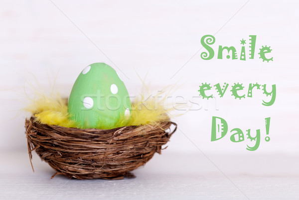 One Green Easter Egg In Nest With Life Quote Smile Every Day Stock photo © Nelosa